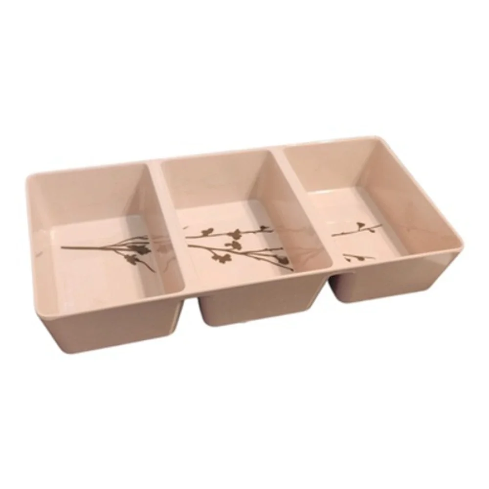 Melamine 3 Section Divided Serving Tray Cream Brown Botanical Branch‎ 12x6x2